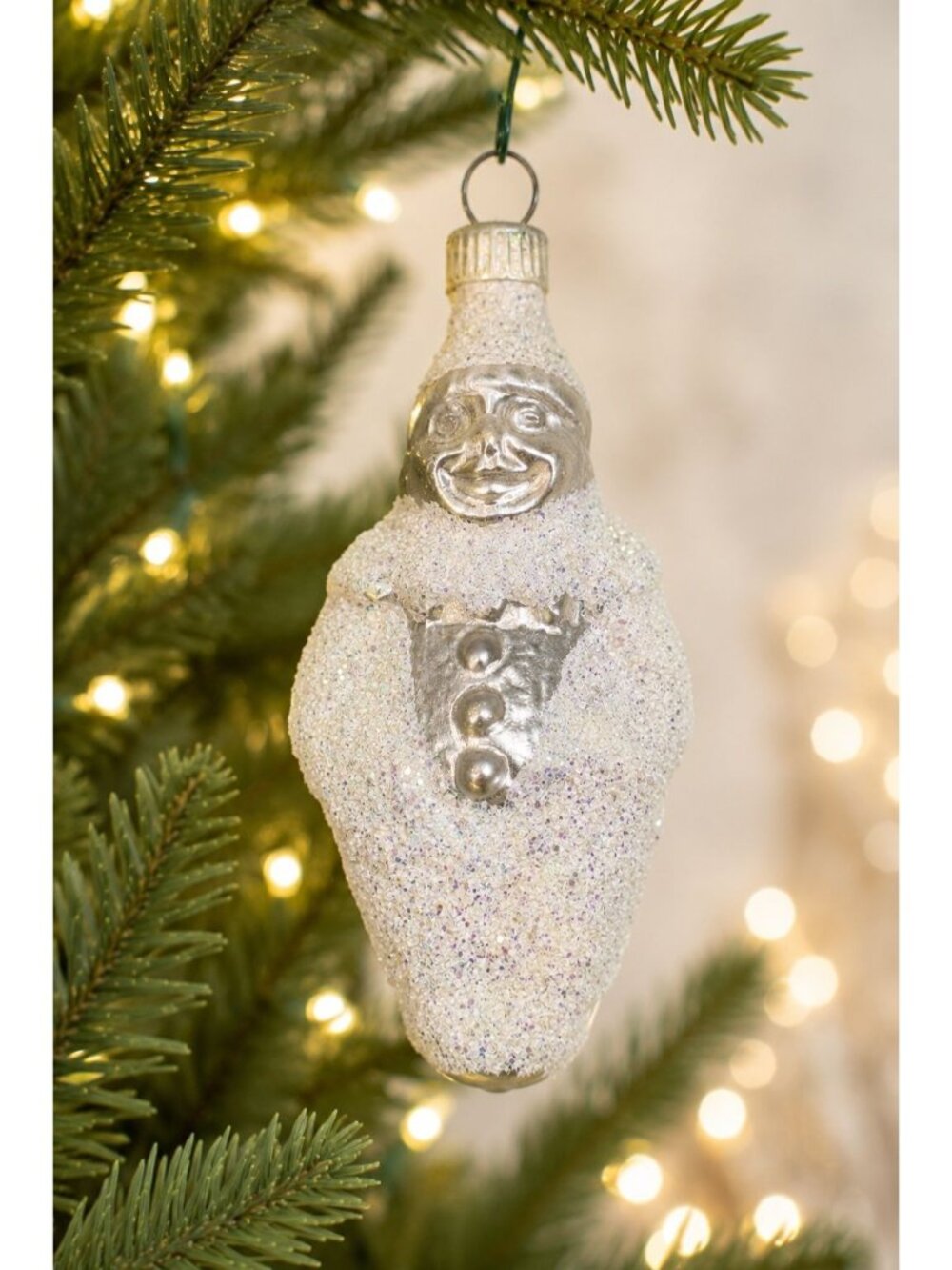 Vintage GesGesch Germany White Glitter Snowman Clown Glass Christmas Ornament 4"